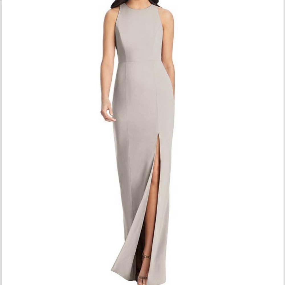 Dressy Taupe Diamond Cutout Back Trumpet Gown with Front Slit